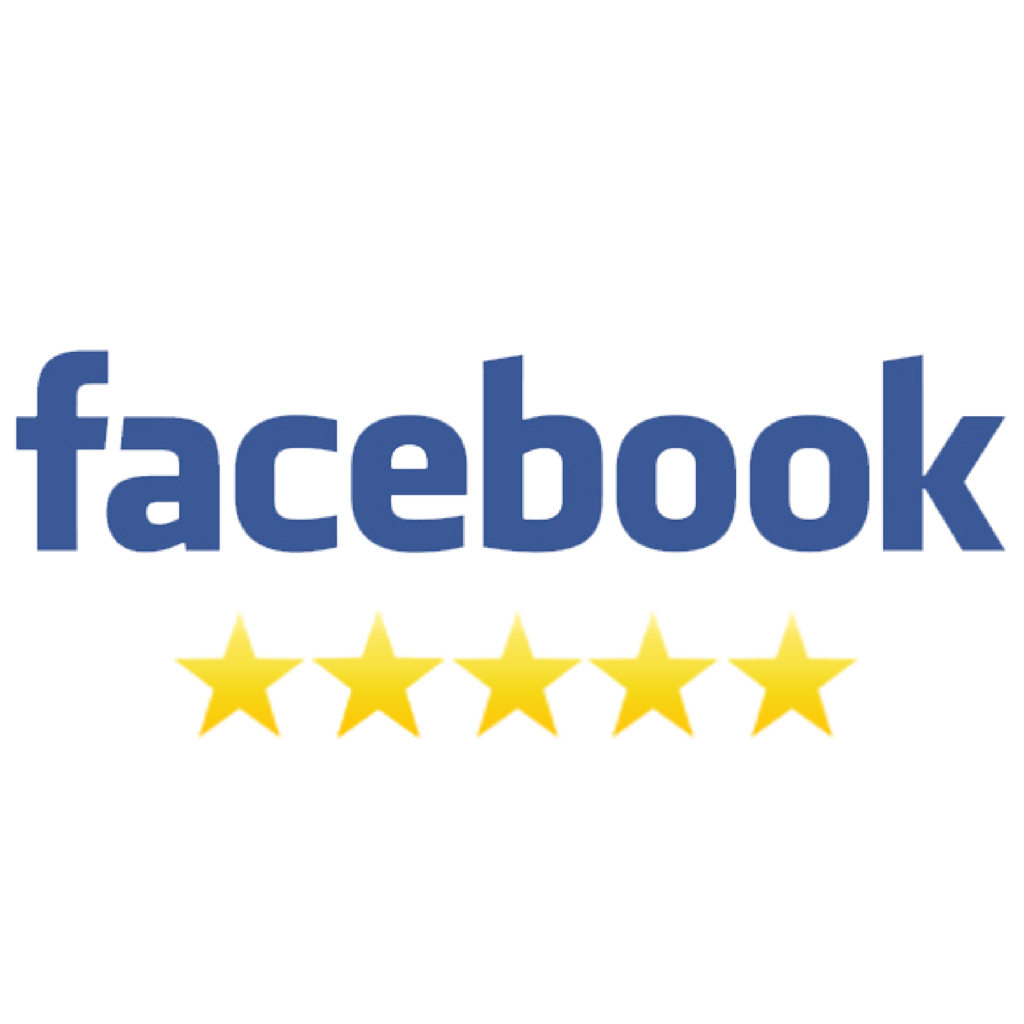 Facebook logo with five blue stars, indicating a 5-star rating for social media presence and service.
