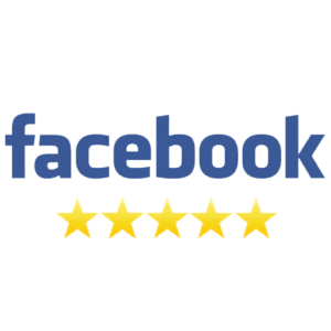 Facebook logo with five blue stars, indicating a 5-star rating for social media presence and service.