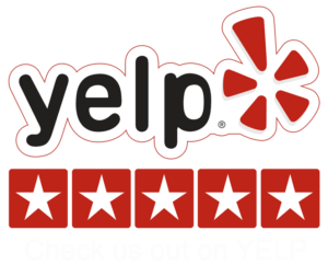 Yelp logo with five red stars, indicating a 5-star rating for excellent local services.