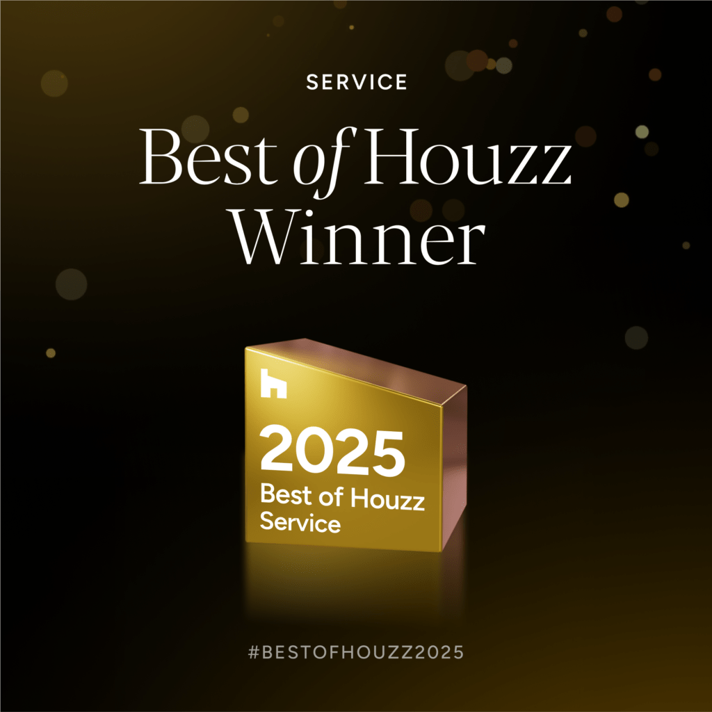 "Best of Houzz Service 2025 Winner" text on a dark gold-flecked background, with a prominent 3D golden award icon.